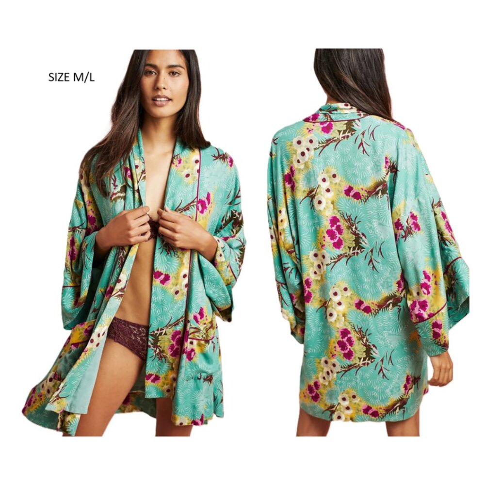 Anthropologie by Floreat Loved Boho Floral Green Multicolor Open Kimono Robe